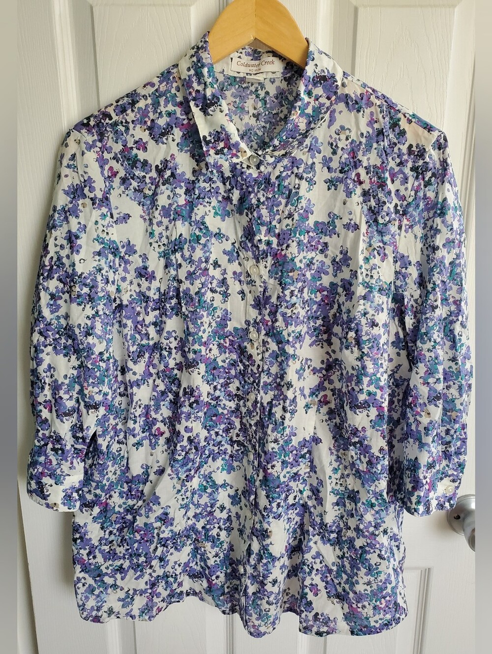 Coldwater Creek Violet Floral Print 3/4 Sleeve Mo Iron Button Top Sz 2X (20/22)